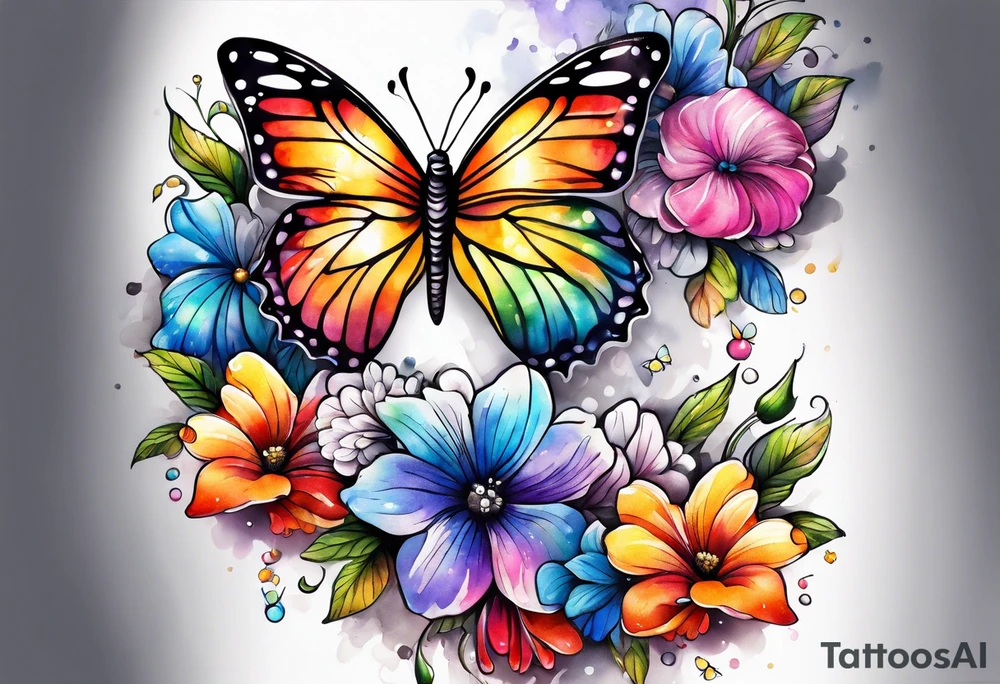 Arm sleeve with rainbow flowers and butterflies tattoo idea