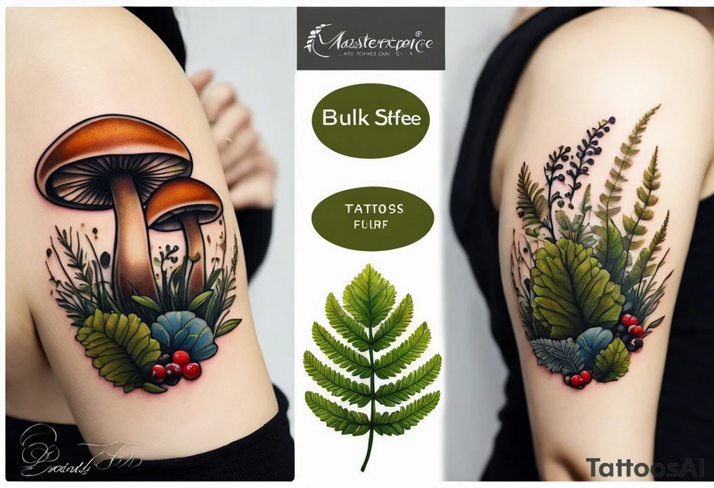 minimalistic forest floor inspired tattoo, which includes grass, moss, curly ferns and dead leaves as the bulk of the tattoo. details to include: forest berries, couple of very small brown mushrooms, a tiny bumblebee flying nearby tattoo idea