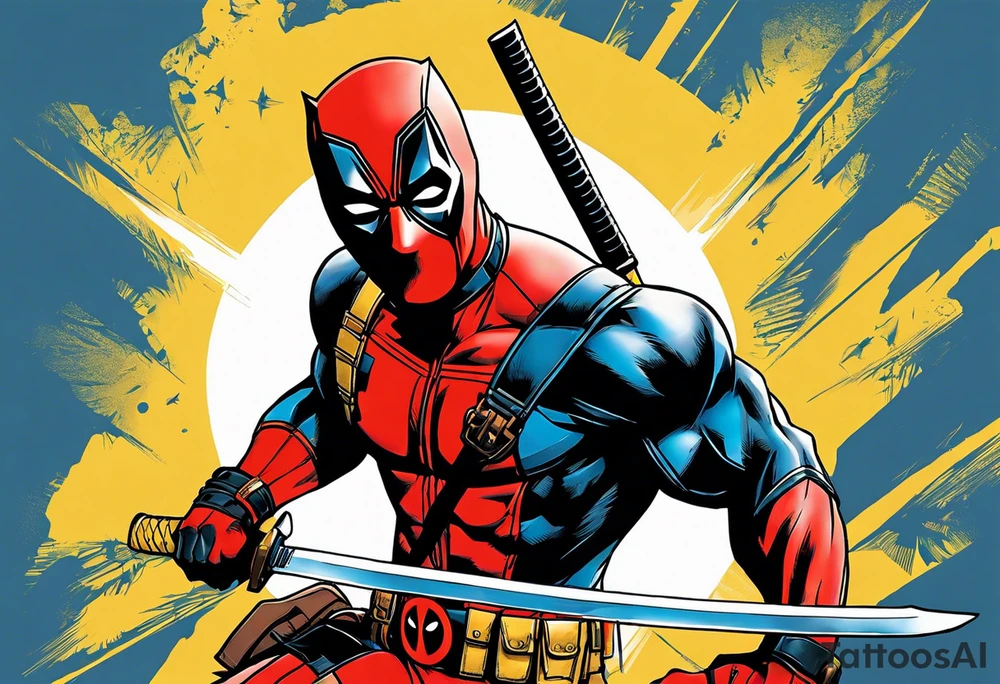 The tattoo features Deadpool and Wolverine in a highly realistic style. Deadpool, dressed in his detailed red and black costume, stands in a combat-ready pose, his katanas brilliantly rendered in hand. Beside him, Wolverine showcases his imposing musculature in his yellow and blue costume, with his adamantium claws extended and gleaming. Their expressions, one mischievous and the other fierce, are captured with precision, highlighting their distinct personalities. The scene focuses solely on the characters, with a minimalistic background to emphasize their dynamic and powerful presence. tattoo idea