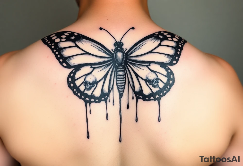 powerful majestic and dark monarch butterfly with skull detail in the wings
hidden skulls in wings, with a dripping effect tattoo idea