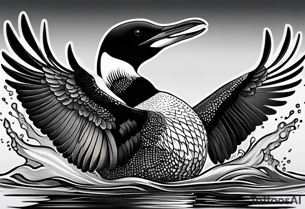 A North American common loon looking majestic as it spreads its wings in the water. On the mid-upper thigh. tattoo idea