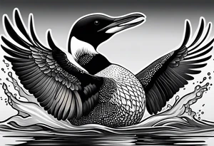 A North American common loon looking majestic as it spreads its wings in the water. On the mid-upper thigh. tattoo idea