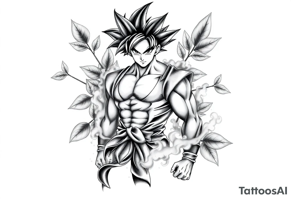 Tattoo design of Son Goku with smoke flowing through his body, surrounded by leaves in negative space effect, featuring soft shading around the edges and dotwork shading inside, with multiple contrast levels throughout. Highly detailed, intricate design with dynamic composition, emphasizing the interaction between the smoke and character, with the negative space leaves creating depth and balance. Professional tattoo art style with clean lines and sophisticated shading techniques. tattoo idea