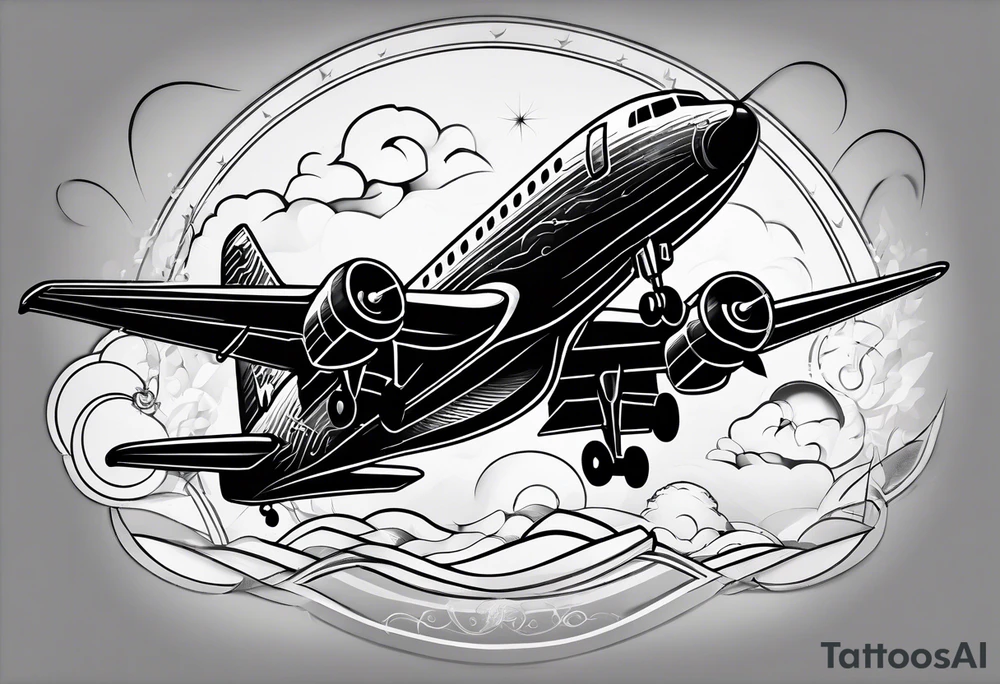 A plane tattooed on right arm, all black tattoo idea