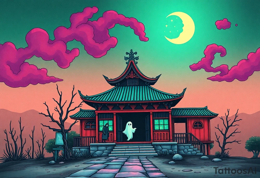 Tim Burton’s haunted pastel Tokyo shrine is abandoned except for one lone samurai ghost and dripping with muted reds, dusty pinks, and eerie green glow.purple and cyan smokey clouds swirl in the crescent moonlit sky thats sprinkled with stars tattoo idea tattoo idea