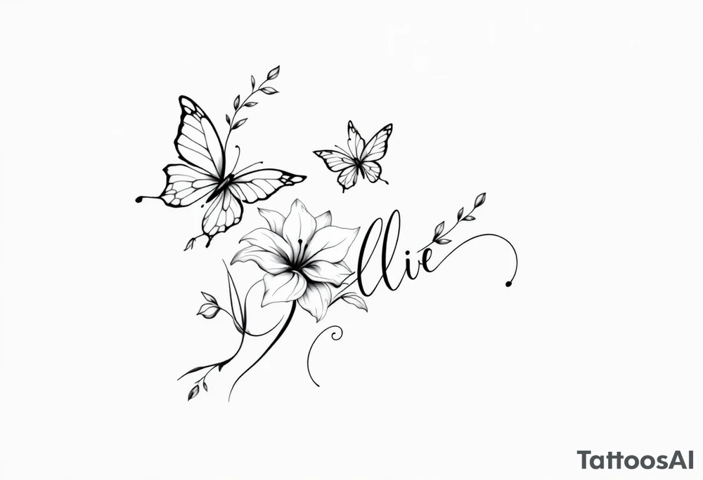A delicate and highly detailed tattoo design featuring elegant flowers and two butterflies, symbolizing family, love, and the bond between a mother and her children. The flowers, such as lilies or peonies, represent protection, beauty, and unconditional love. Two butterflies gracefully flying around the flowers symbolize the children, Zackary and Charlie, representing their growth and freedom. Their names should be subtly integrated into the design, either along the stems of the flowers, within the butterfly wings, or in an elegant script flowing naturally with the composition. The tattoo should have a soft, flowing aesthetic with fine details, subtle shading, and a harmonious balance between nature and symbolism. The style can be fine line, realistic, or watercolor for a timeless and meaningful look. tattoo idea
