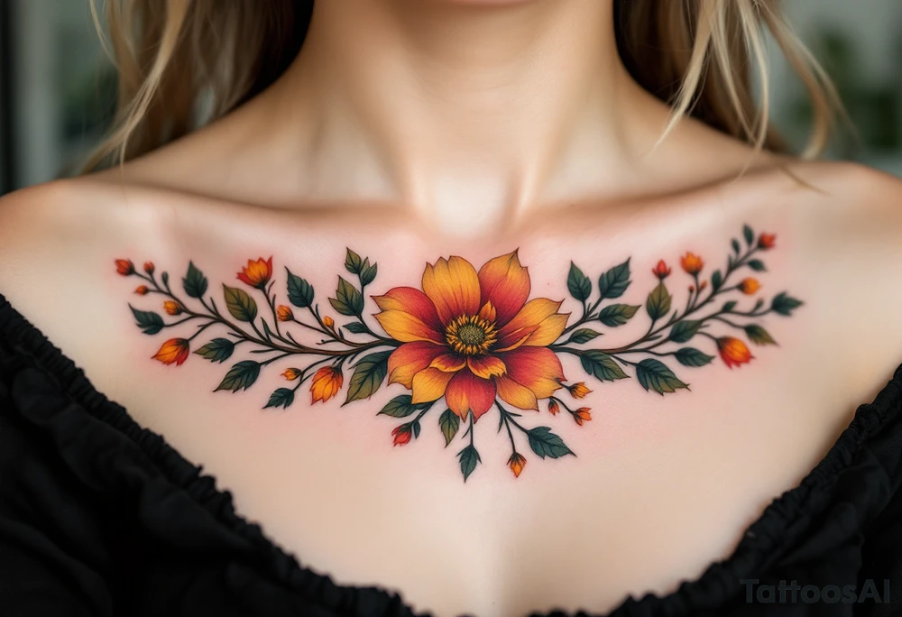 Two separate collarbone tattoos of long, stems and branches covered with red, orange, yellow and dark forest green leaves and flowers, academia, witchy, muted, delicate and gentle but moody, long and thin, following the collarbone. More muted, not so bright, darker colors. Fewer amount of leaves, larger leaves tattoo idea