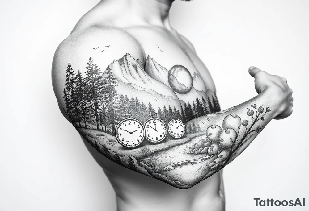 Forest landscape with mountains and a river, with three clocks in the river with dates tattoo idea