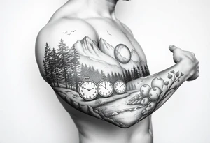 Forest landscape with mountains and a river, with three clocks in the river with dates tattoo idea