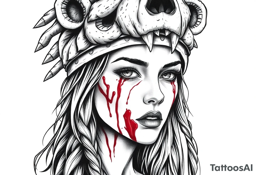 Beautiful Woman with battle scars and blood on face wearing dead bear headdress on head tattoo idea