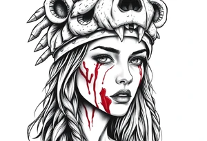 Beautiful Woman with battle scars and blood on face wearing dead bear headdress on head tattoo idea