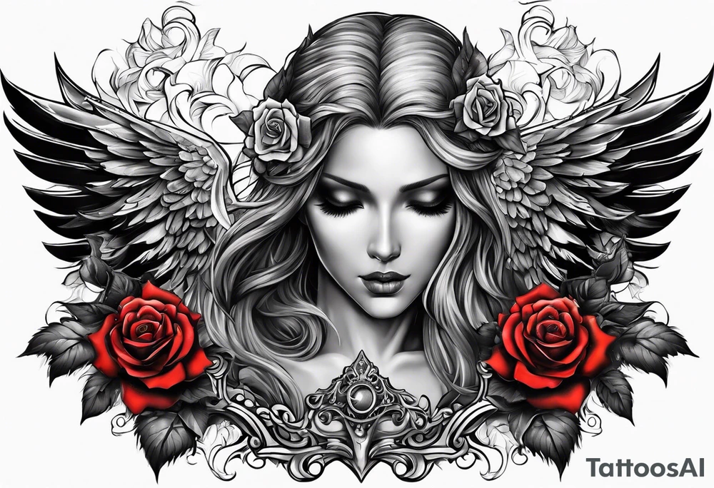 Armored angel with a skull and colored rose tattoo idea