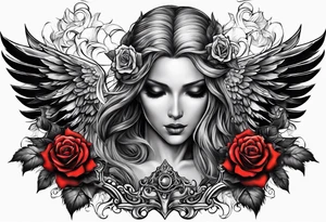 Armored angel with a skull and colored rose tattoo idea