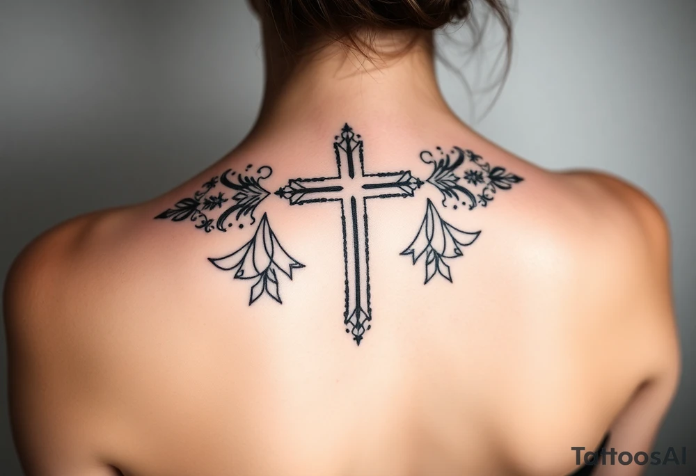 christian cross, surrounded by geometrics ornaments tattoo idea