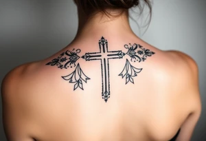 christian cross, surrounded by geometrics ornaments tattoo idea