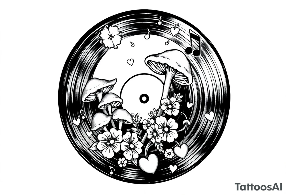 vinyl record with mushrooms, flowers, hearts, and music notes tattoo idea
