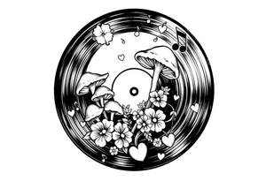 vinyl record with mushrooms, flowers, hearts, and music notes tattoo idea
