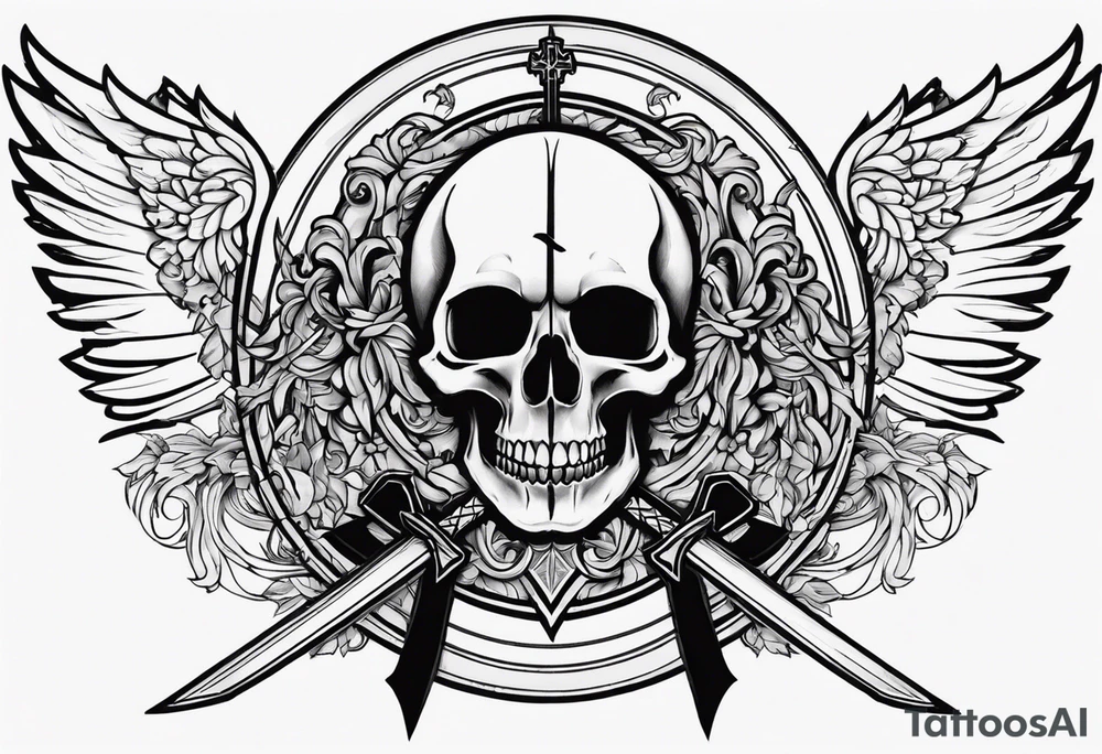 In the center is a half skull pierced by a large sword. On either side of the skull, there are spread angel wings, Beneath the skull is a ribbon cross elements on that, ribbon weaves through both the skull and the sword tattoo idea