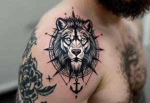 1/3wolf 1/3bear 1/3 lion surrounded by a compass with a small anchor on bottom. for sleeve tattoo idea