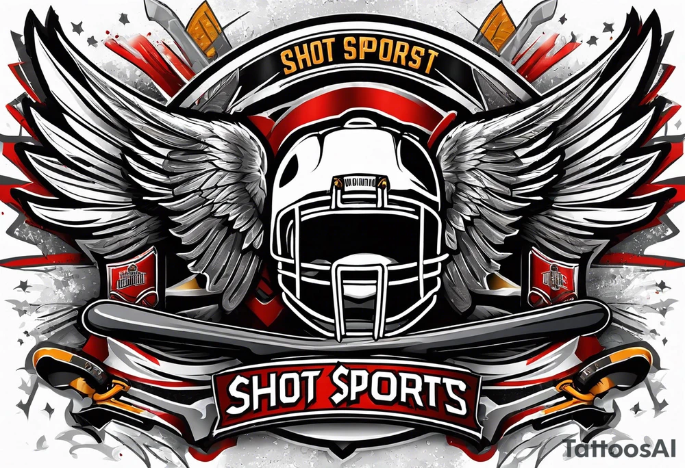 crossed hockey sticks with sports equipment and wings that says "SHOT SPORTS" tattoo idea