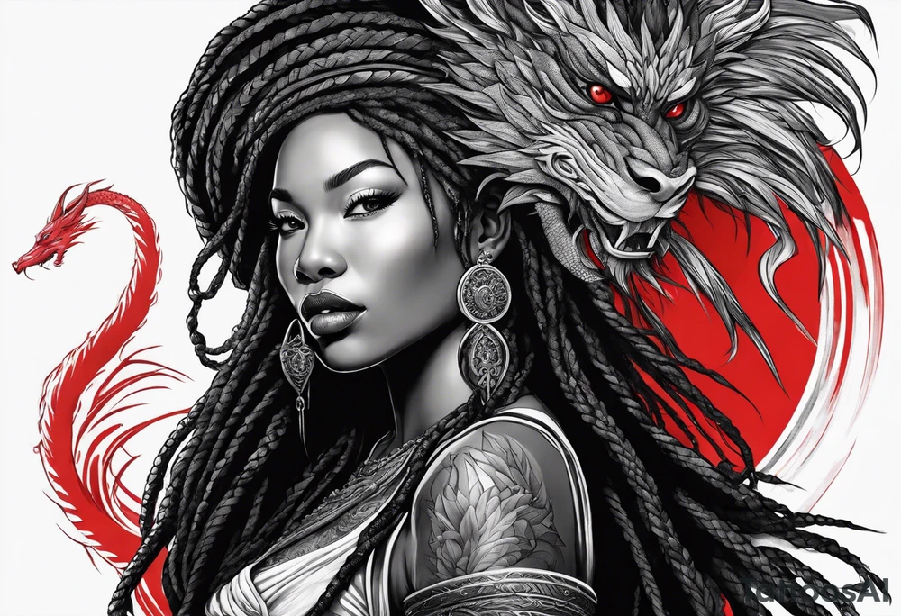 Red dragon wrapped around black woman with dreadlocks tattoo idea