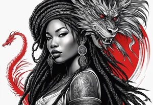 Red dragon wrapped around black woman with dreadlocks tattoo idea