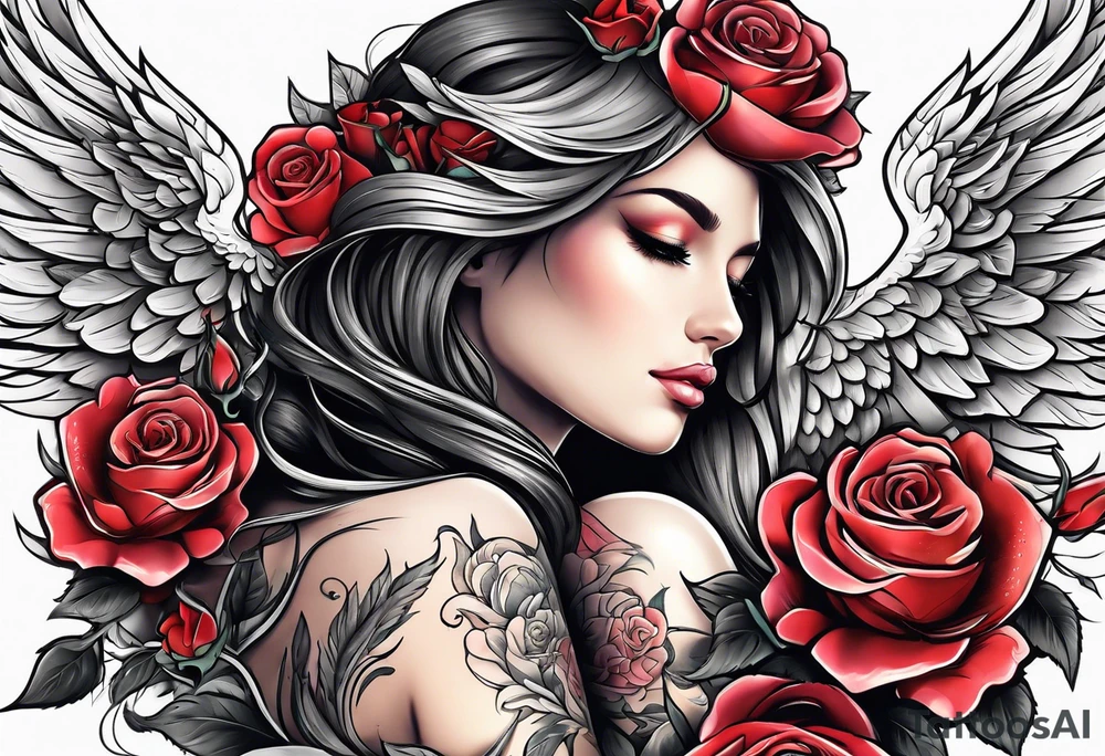 Beautiful woman angle with wings surrounded by roses tattoo idea