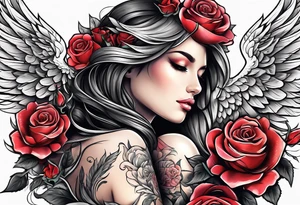 Beautiful woman angle with wings surrounded by roses tattoo idea
