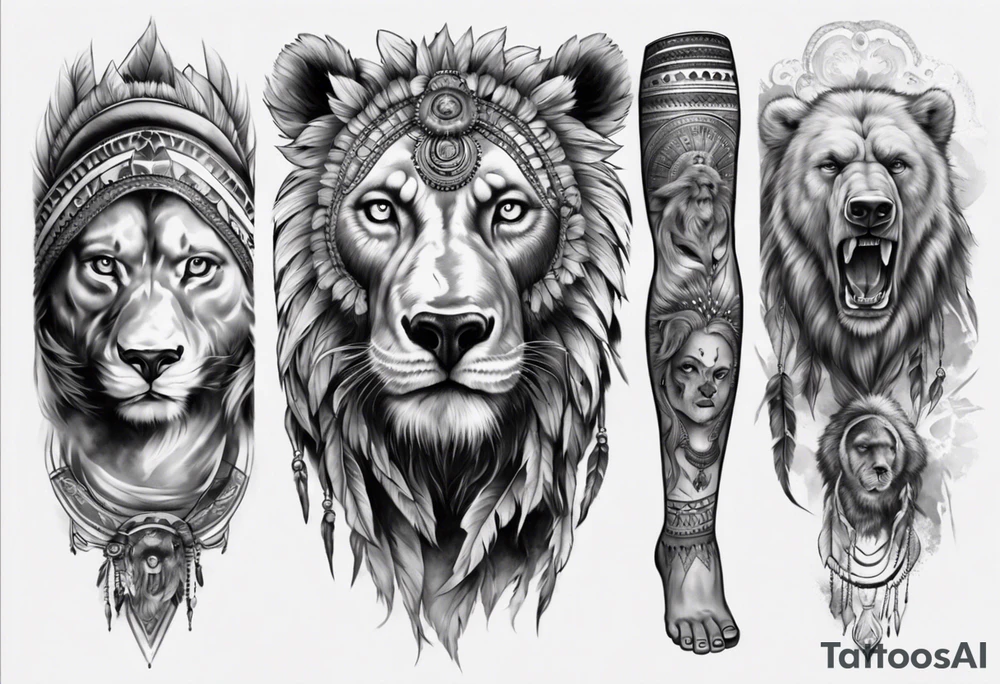 indian realistic leg sleeve, with both indian humans and a bear and maybe a lion more evil tattoo idea