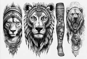 indian realistic leg sleeve, with both indian humans and a bear and maybe a lion more evil tattoo idea
