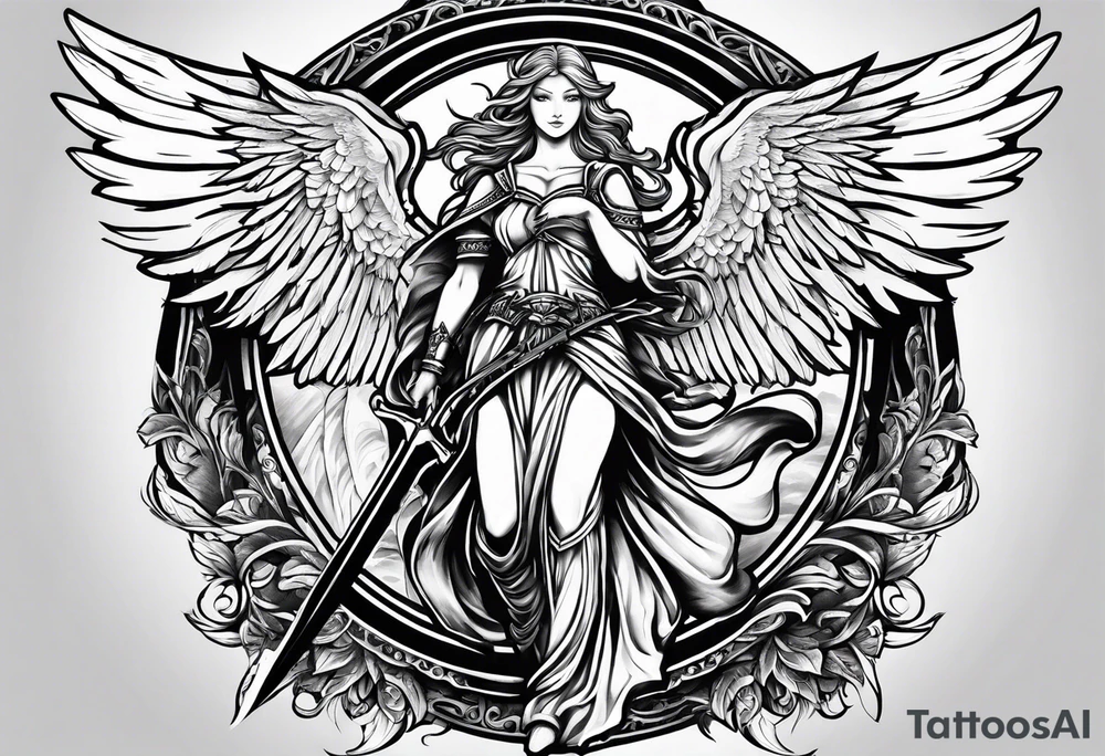 Angels with sword & Shield in sky tattoo idea