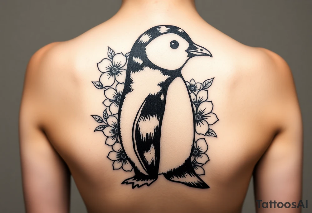 Cute penguin with flowers in the background tattoo idea