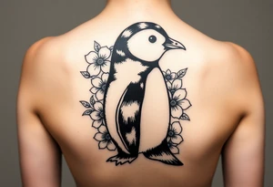 Cute penguin with flowers in the background tattoo idea