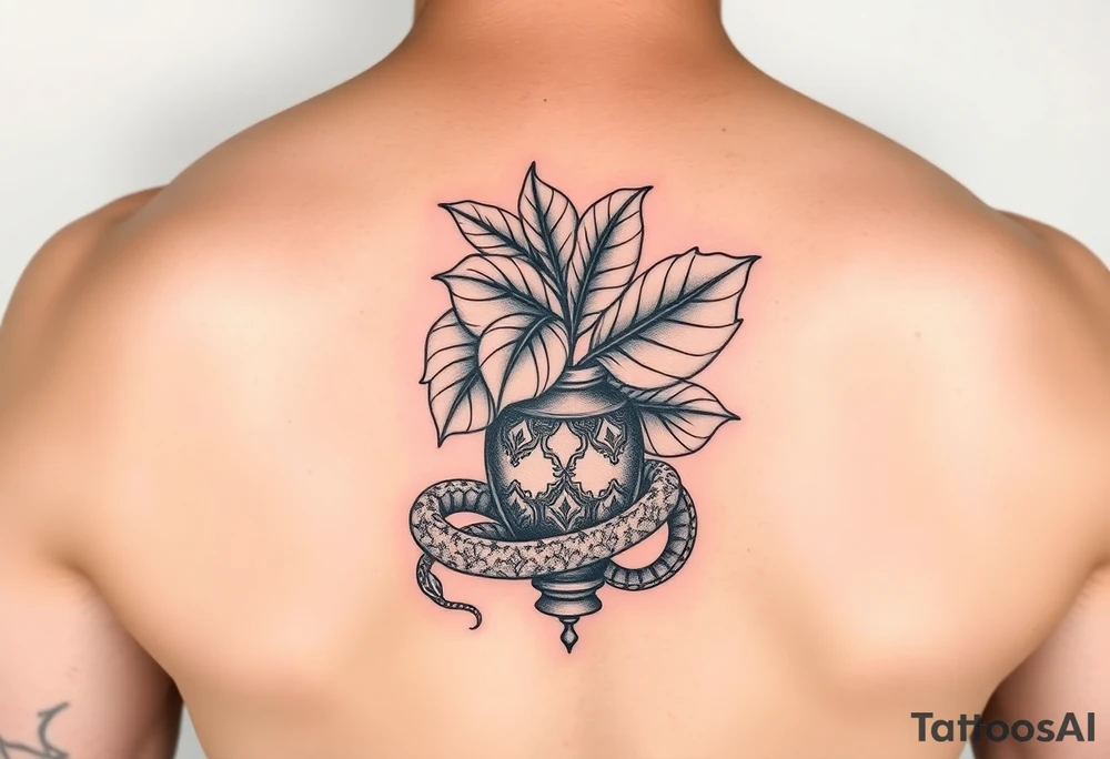 Decorative vase with monstera leaves and a snake wrapped around tattoo idea