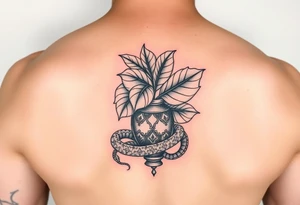 Decorative vase with monstera leaves and a snake wrapped around tattoo idea