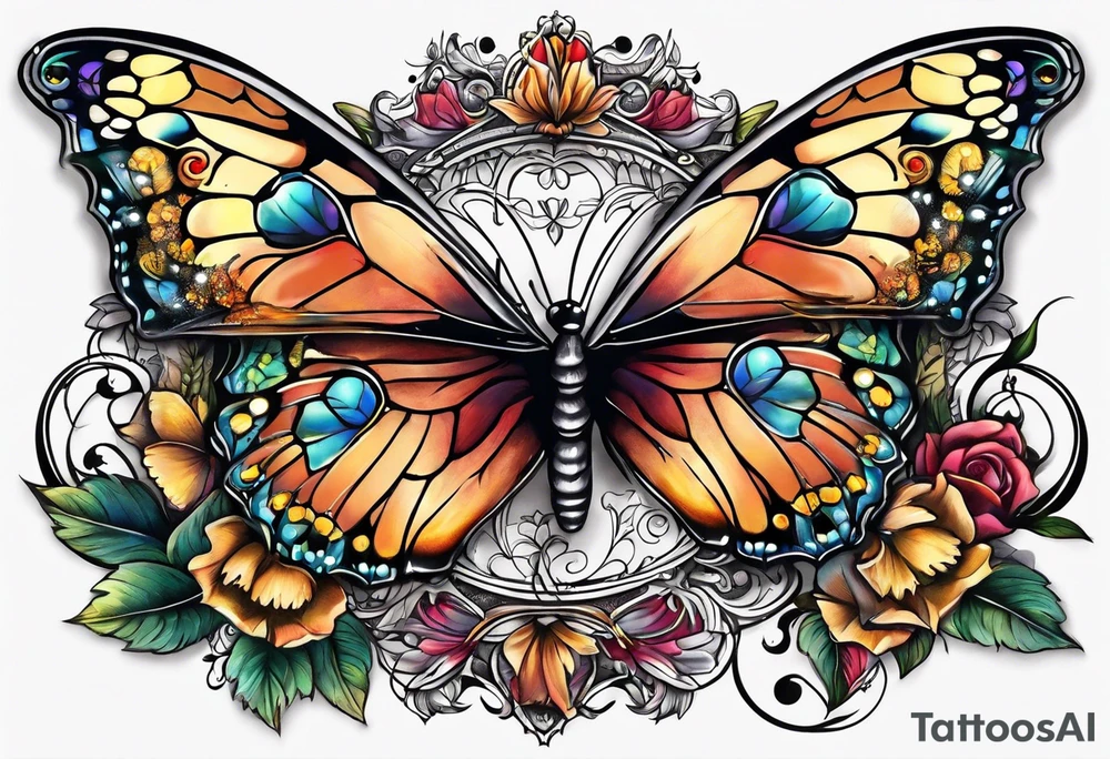 Half moon decorated with butterflies tattoo idea