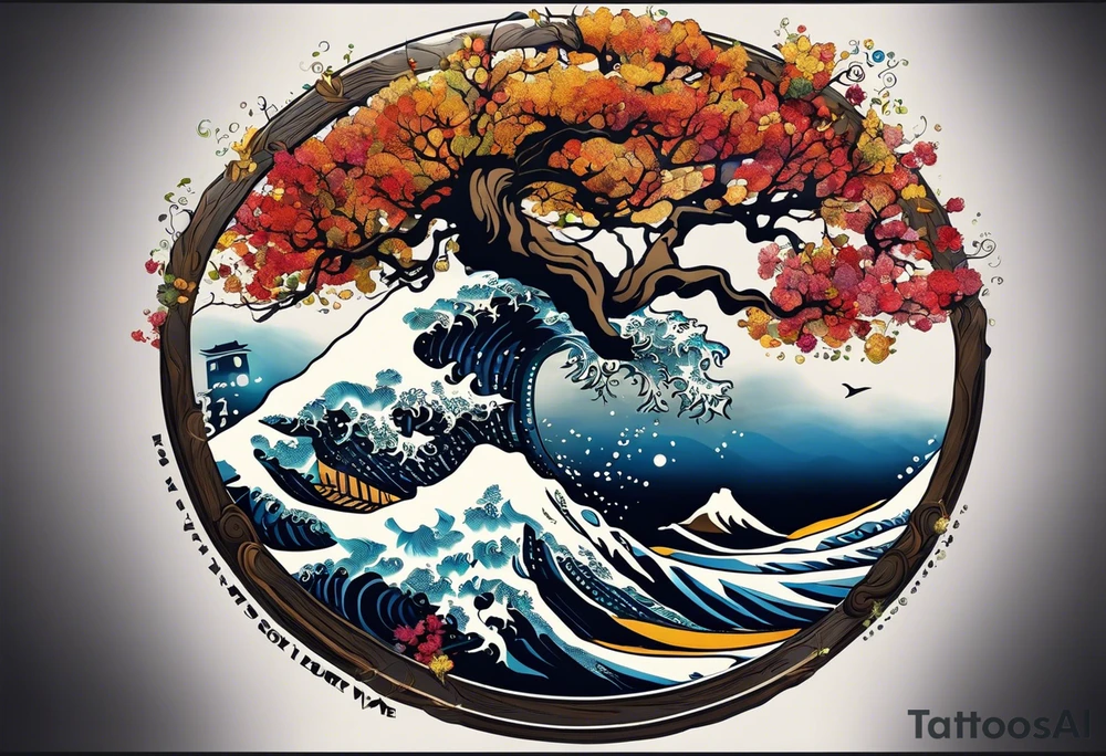 an abstract Tree of Life tattoo. It should have roots growing out of the bottom. The roots slowly turn into water from the Great Wave by Hokusai. A golf flag should be placed discreetly growing out of the ground. 2 license plate tags should be hanging from the tree. Place a few music notes in the areas the leaves should be. The letters A U should be engraved into the tree trunk in a heart. tattoo idea