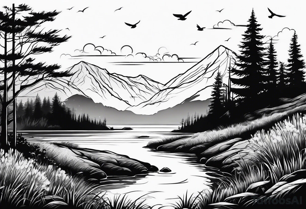 silhouette of landscape and fishingpole and line tattoo idea