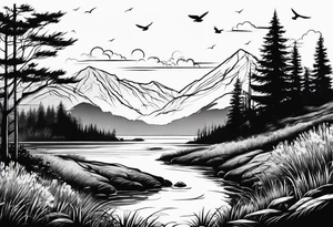 silhouette of landscape and fishingpole and line tattoo idea