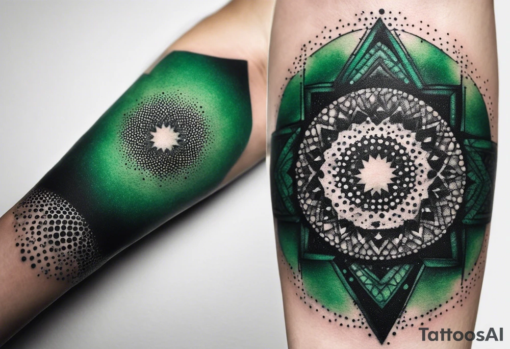 space, abstract, green and black, covered from wrist to forearm, fully covered, no borders, blackwork, no people tattoo idea