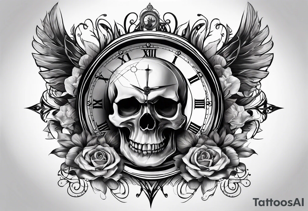 clock and compass and skull with no flower tattoo idea