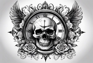 clock and compass and skull with no flower tattoo idea