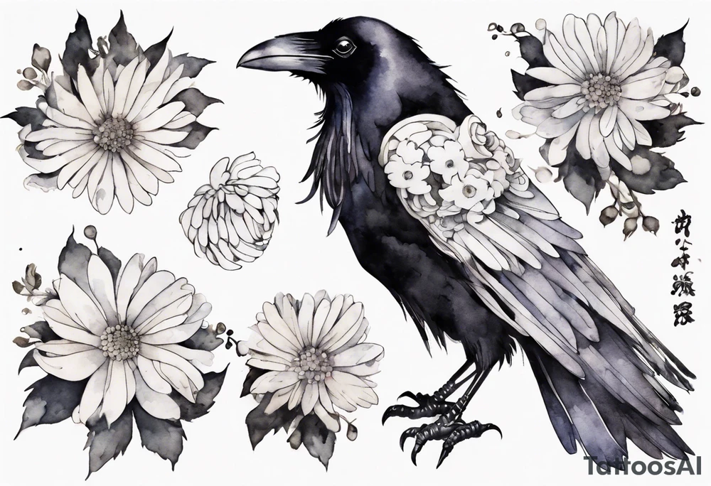 a raven wearing a tiny white chrysanthemum tattoo idea