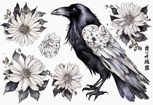 a raven wearing a tiny white chrysanthemum tattoo idea