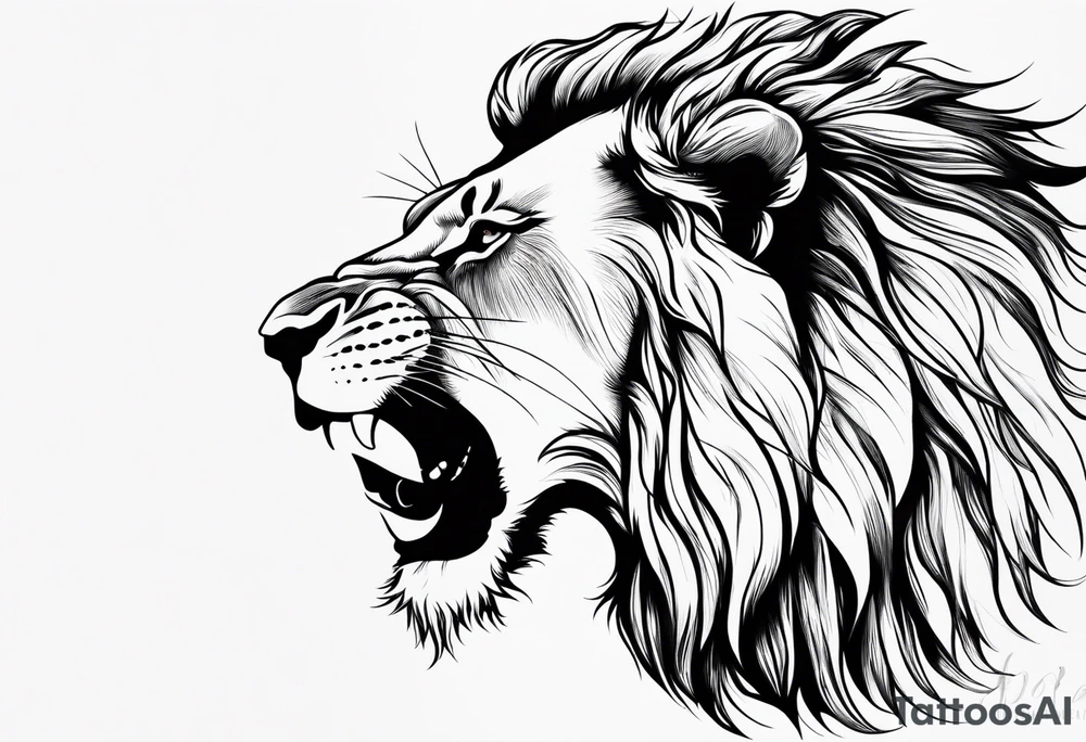 A roaring lion’s face with a flowing mane, emphasizing strength and courage, detailed fur textures tattoo idea