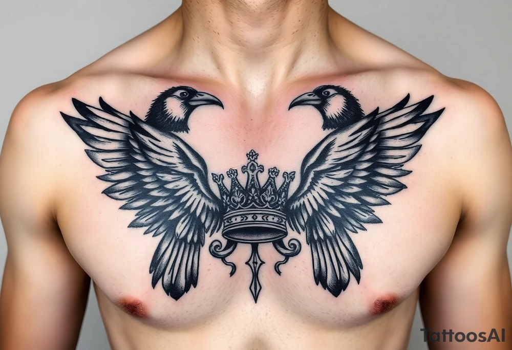 Chest tattoo, two ravens and icelandic symbols, dark brest tattoo, crown betwen ravens tattoo idea