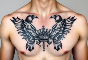 Chest tattoo, two ravens and icelandic symbols, dark brest tattoo, crown betwen ravens tattoo idea