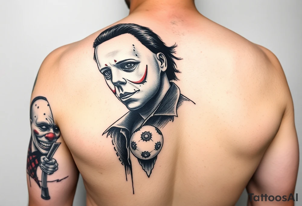 Left arm sleeve. Michael Myers is the largest and main focal point. It should have the other horror characters like Jason, Freddy, the clown from saw, sam, the leprechaun,  chuckie, pin head, art the clown, leather face penny wise. tattoo idea