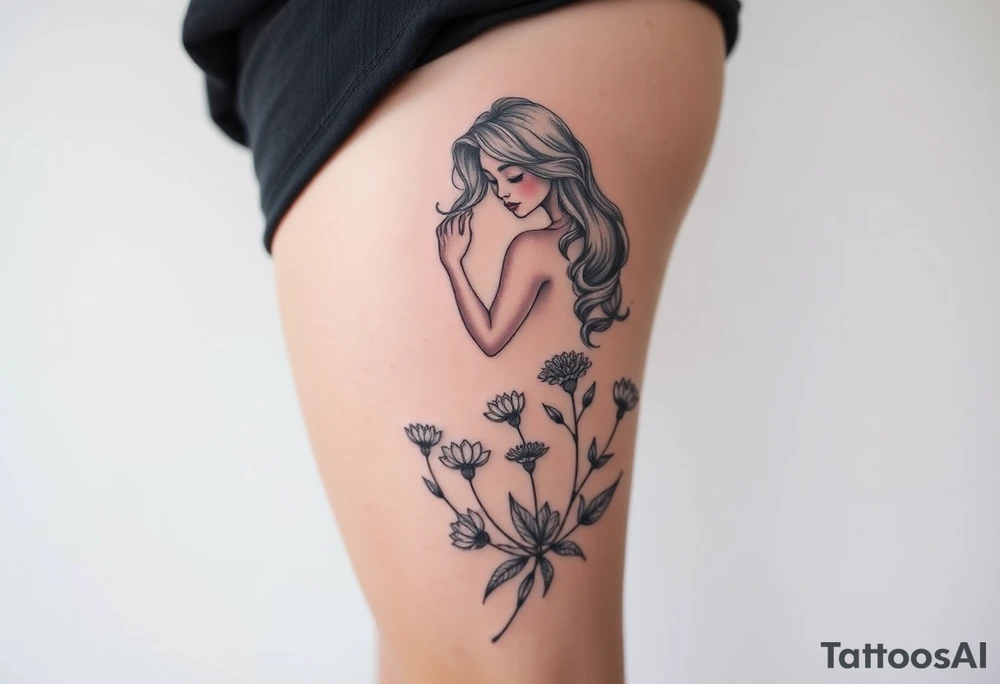 Full thigh tattoo with a sexy girl and plants tattoo idea