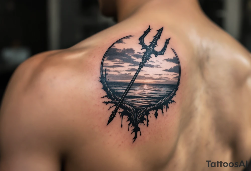 trident with Poseidon half way under calm water at sunset tattoo idea